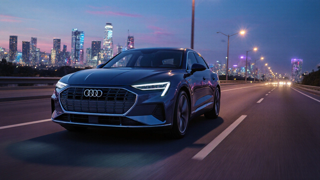 Audi e‑tron na futuristické dálnici při soumraku, osvětlený neonovým městem.