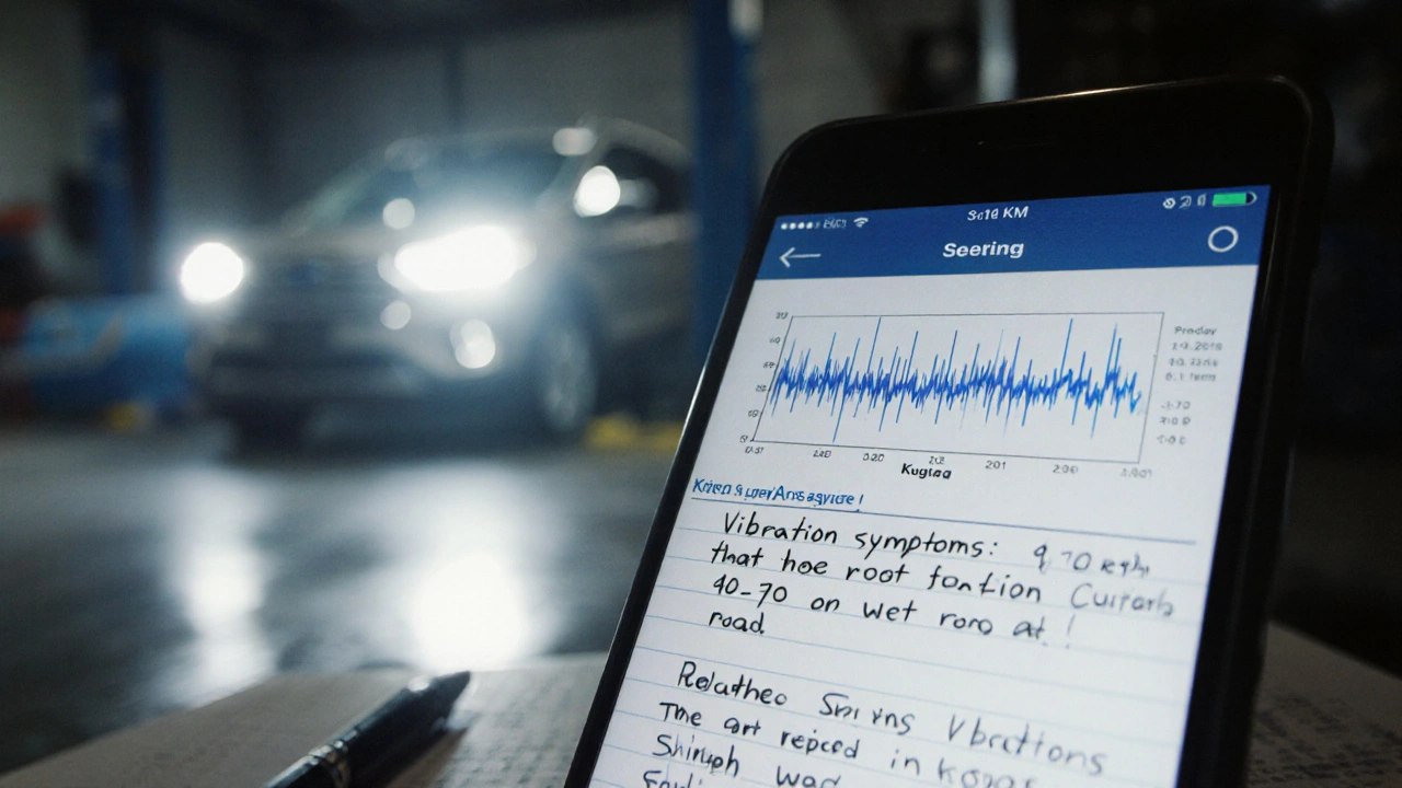 Chybný zvuk auta nahrávaný na telefon s ručně zapsanými podmínkami problému.