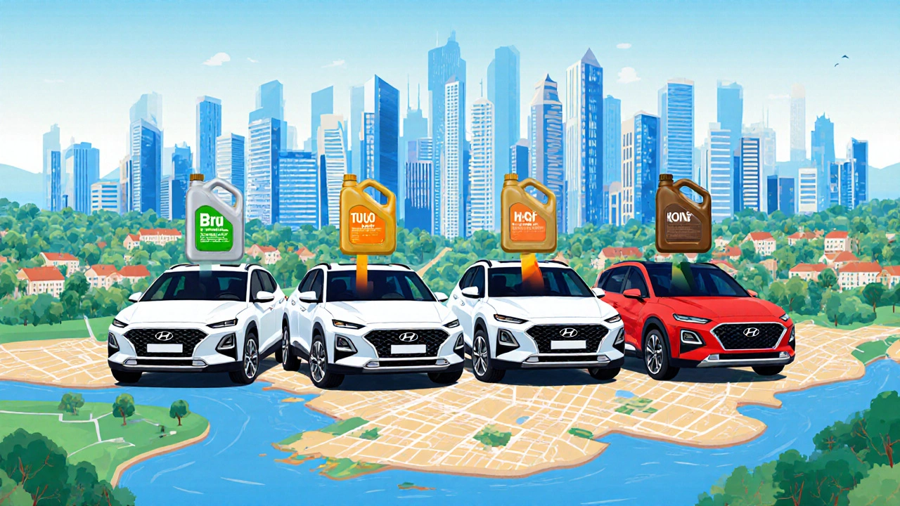 Čtyři modely Hyundai s barevnými plechovkami oleje a cenovými pásy na mapě Brna.