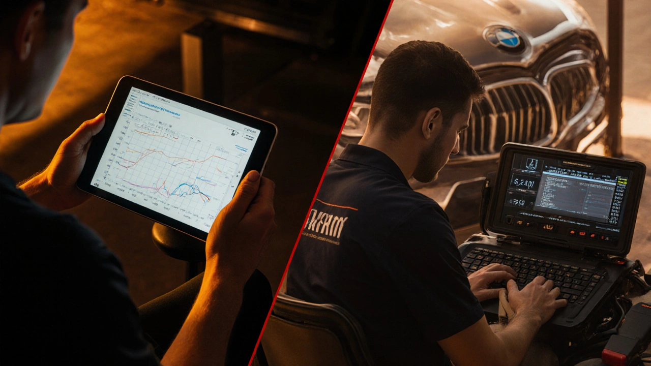 DIY hobbyist using Carly tablet and mechanic using Autel box, warm cinematic lighting.