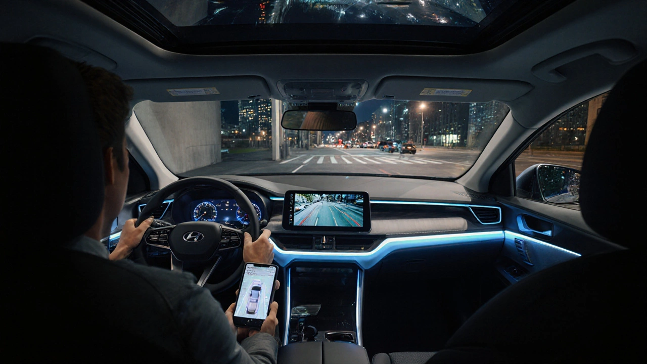 Interiér elektrického Hyundai Ioniq 5 s technologií dálkového parkování.