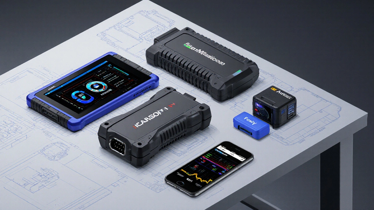 Isometric view of five BMW diagnostic devices on a workbench with abstract screens.