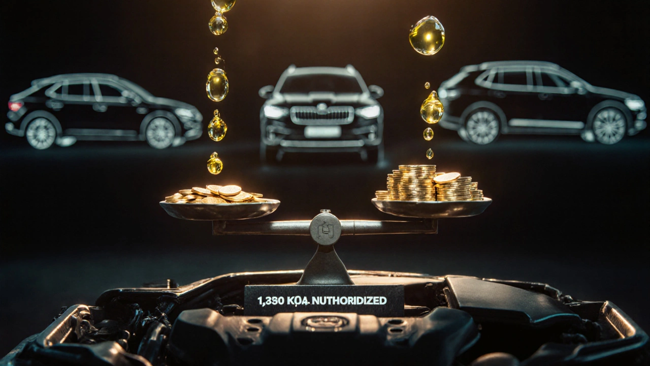 Koncepční obrázek motoru s kapkami oleje, které se mění v mince, symbolizující náklady na výměnu oleje.