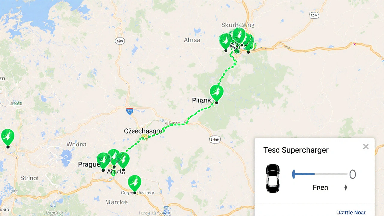 Mapa ČR s vyznačenými free‑Supercharger stanicemi.