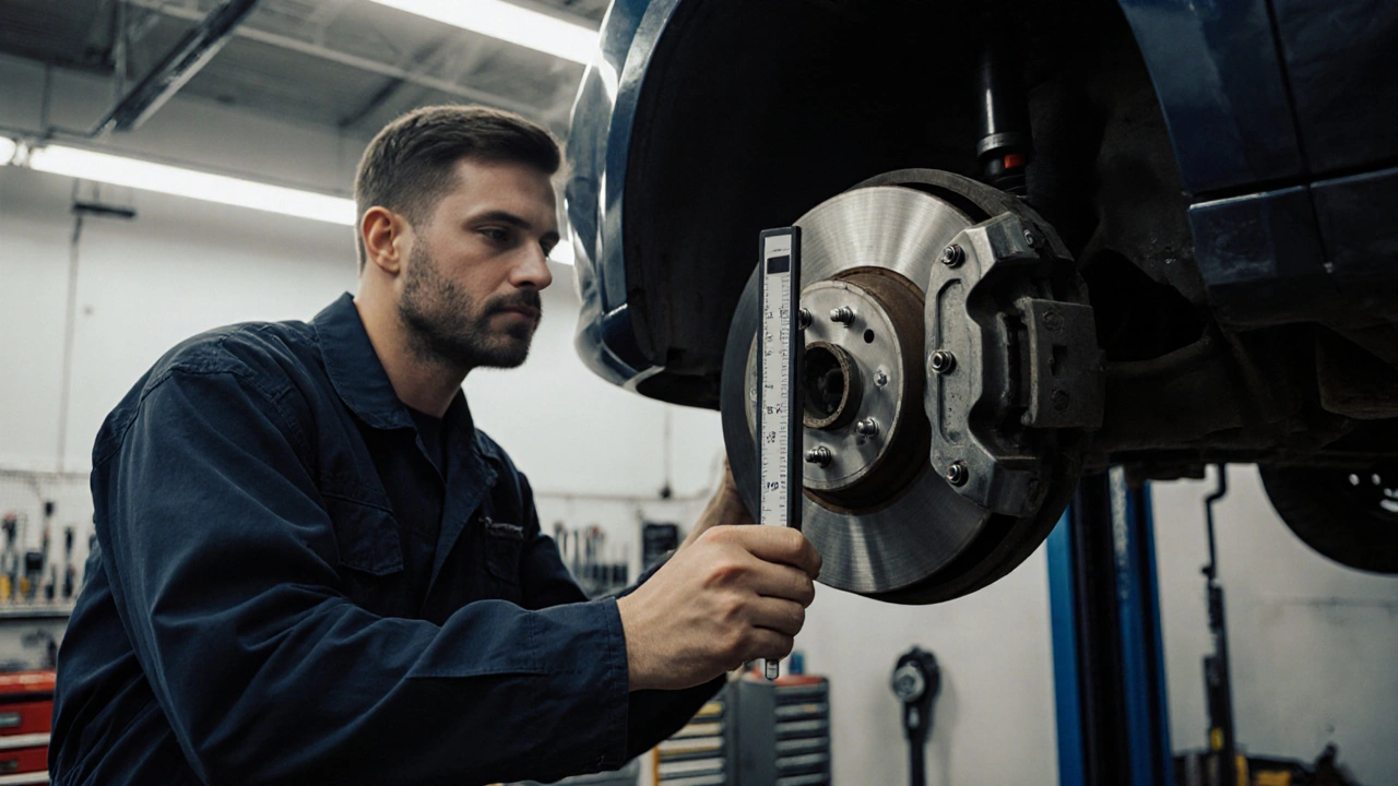 Mechanik měří tloušťku brzdového kotouče mikrometrem v servisu.