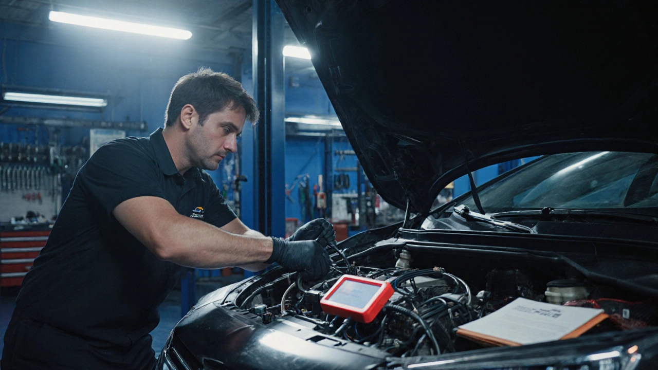 Mechanik v dílně vyměňuje rozvody, na stole svítí diagnostický skener.