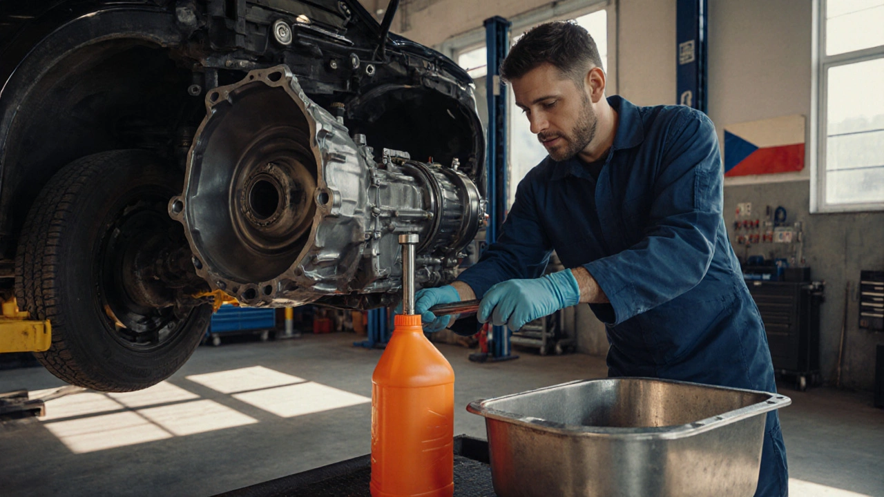 Mechanik v garáži v Brně mění olej v DSG, otevřený kryt převodovky a kapka tekutiny v odkapávači.