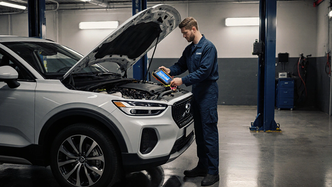 Mechanik v servisním středisku kontroluje Volvo s Hyundai motorem pomocí diagnostického přístroje.