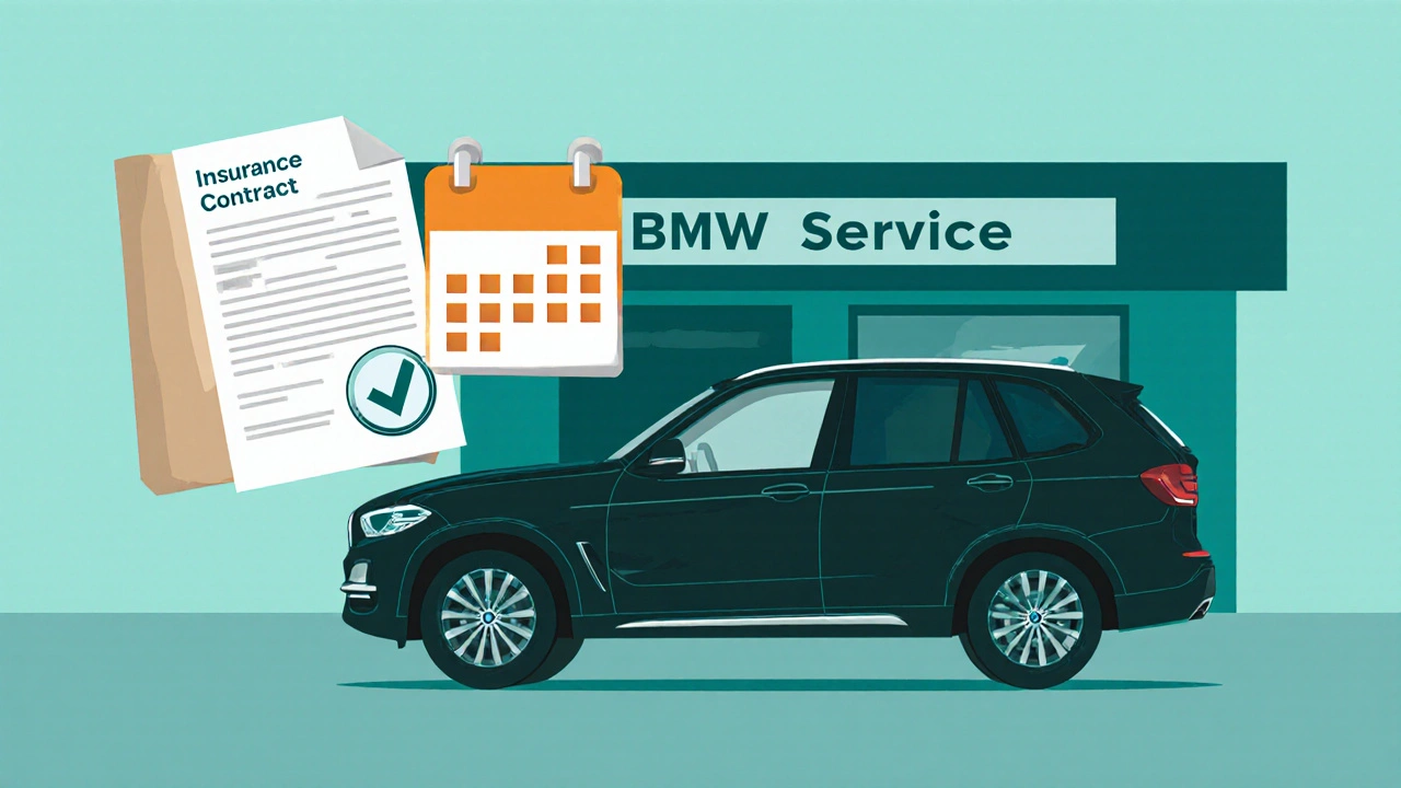 Náhradní SUV před servisem BMW, vedle kontraktu a kalendáře ukazujícího 3. den.