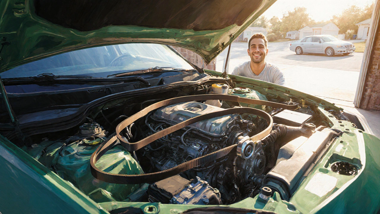 Nový řemen nainstalovaný v čistém motorovém prostoru, auto připravené vyjet.