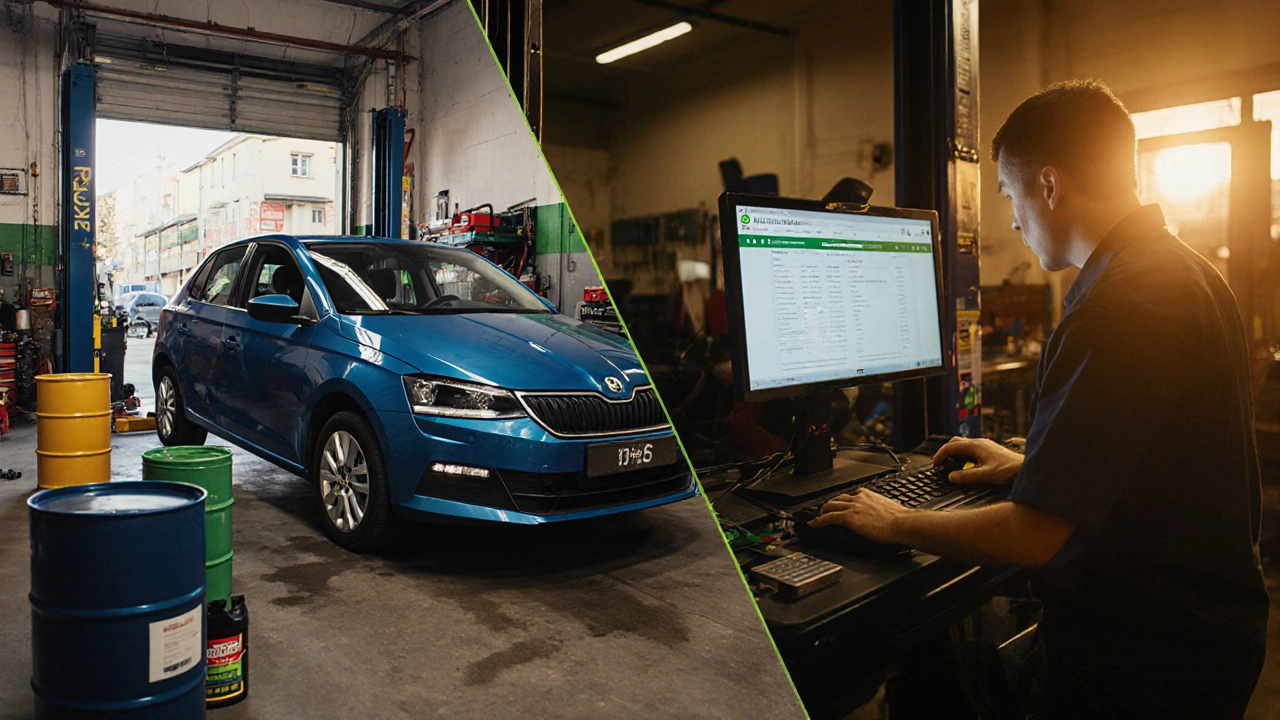 Porovnání servisu: nezávislý garáž na jedné straně, autorizovaný Škoda servis na druhé.