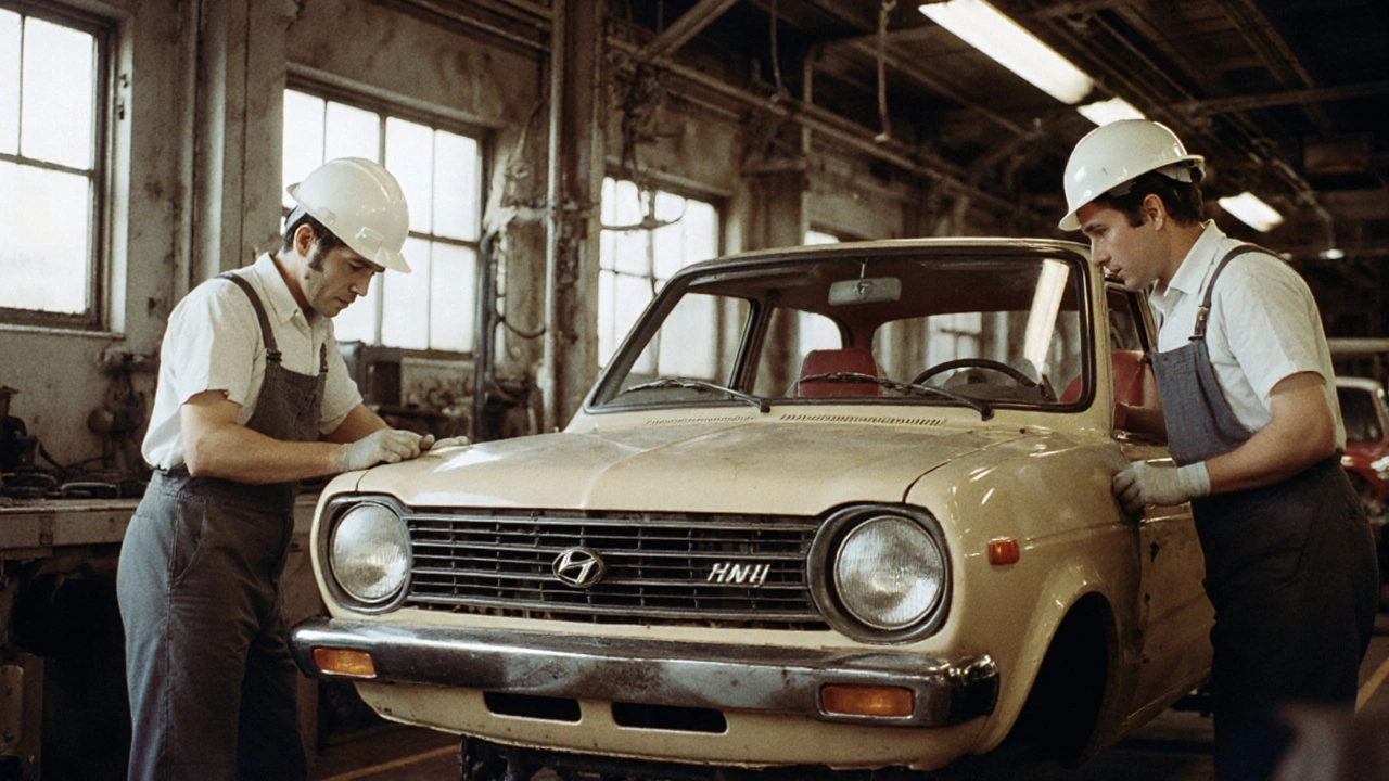 První Hyundai Pony v montážní hale roku 1975