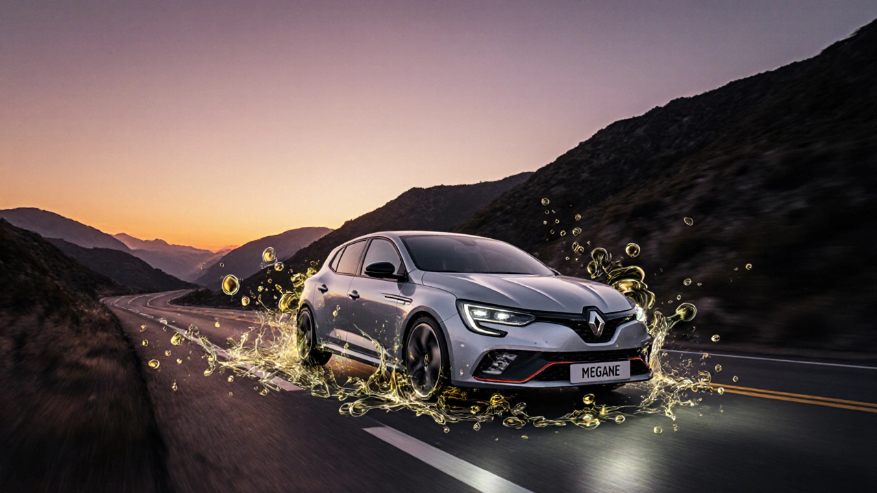 Renault Megane na horské silnici s ochrannou auru z olejových kapek kolem podvozku.