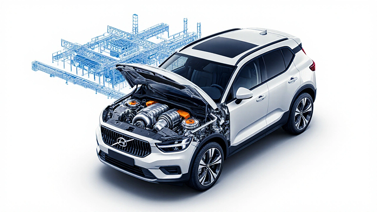 Řez motoru G4FC pod kapotou Volvo XC40, zobrazující turbo a vstřikování.