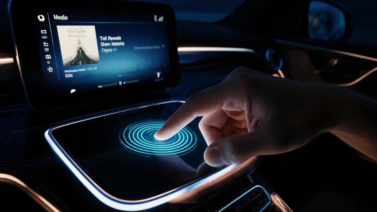 Řidič dotýká se Dotykáky, která aktivuje displej a Bluetooth signály.