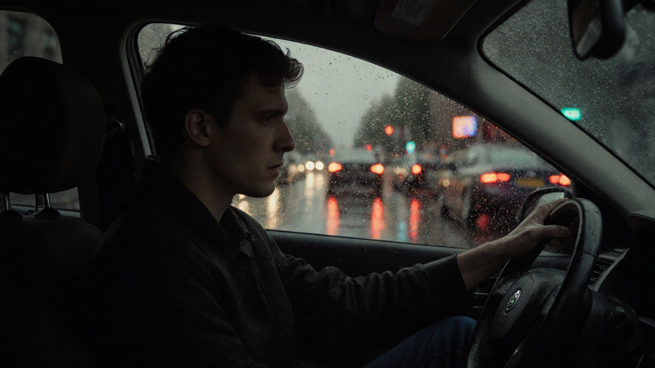 Řidič v Škodě Octavia drží spojku půl stisknutou v zácpě v Praze.