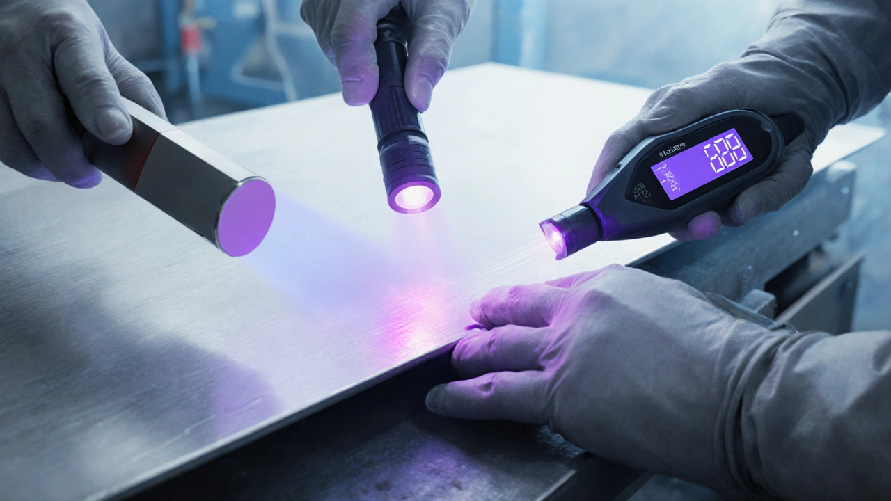 Ruce používají magnet, UV lampu a měřič tloušťky laku na panelu automobilu.