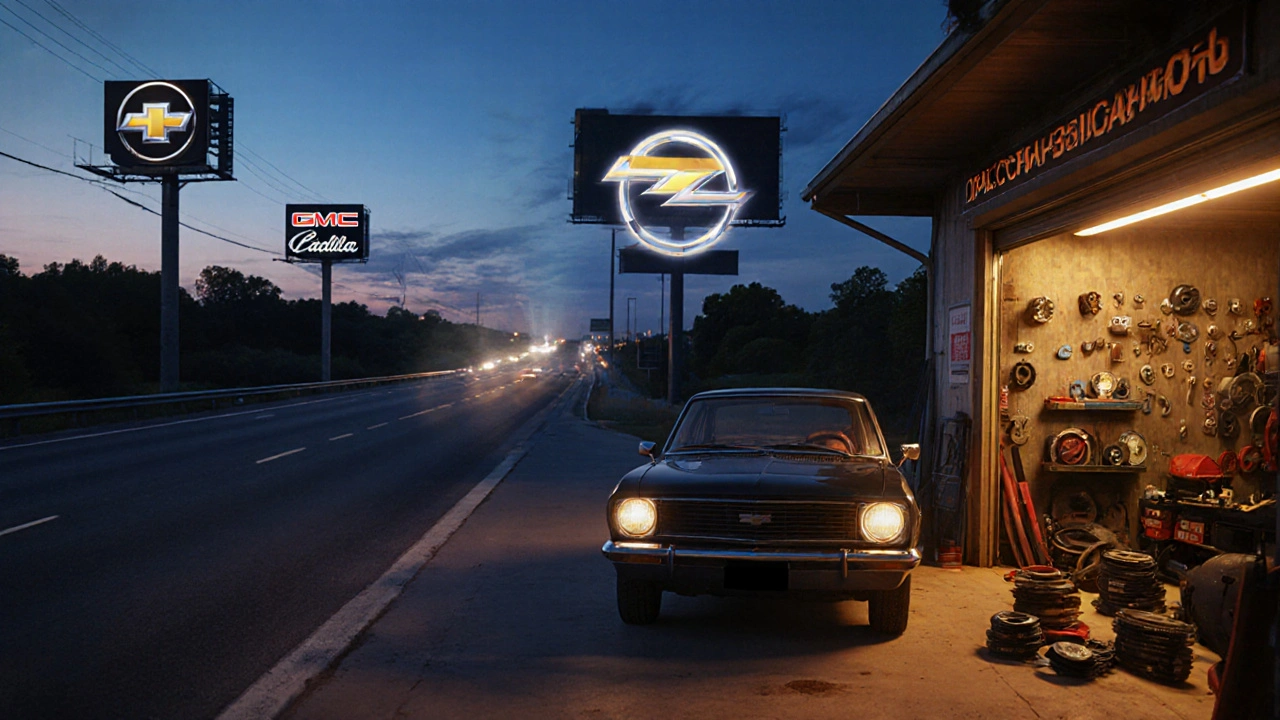 Silnice při soumraku s odlesky Chevrolet značek a duchem loga Opel.