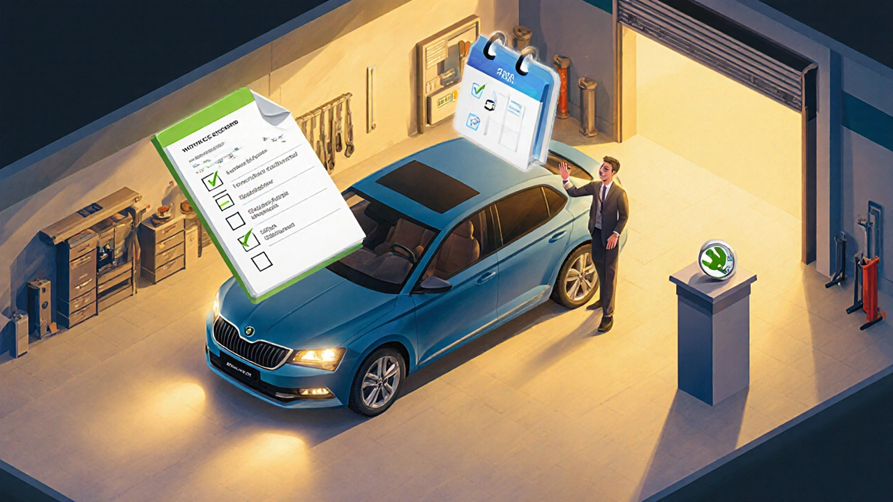 Škoda odjíždí po úspěšné servisní prohlídce, řidič spokojen.