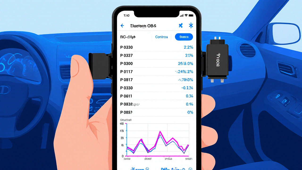 Smartphone s Bluetooth adaptérem zobrazuje seznam DTC kódů a grafy.