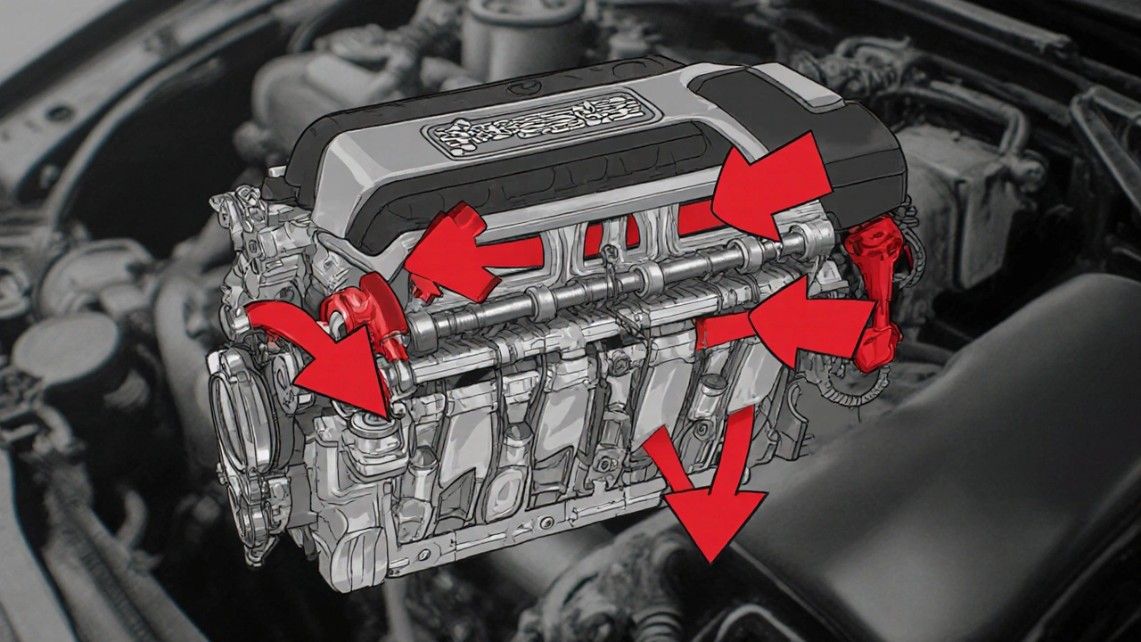 Technický nákres motoru s červenými šipkami ukazujícími selhání mazání klíčových částí.