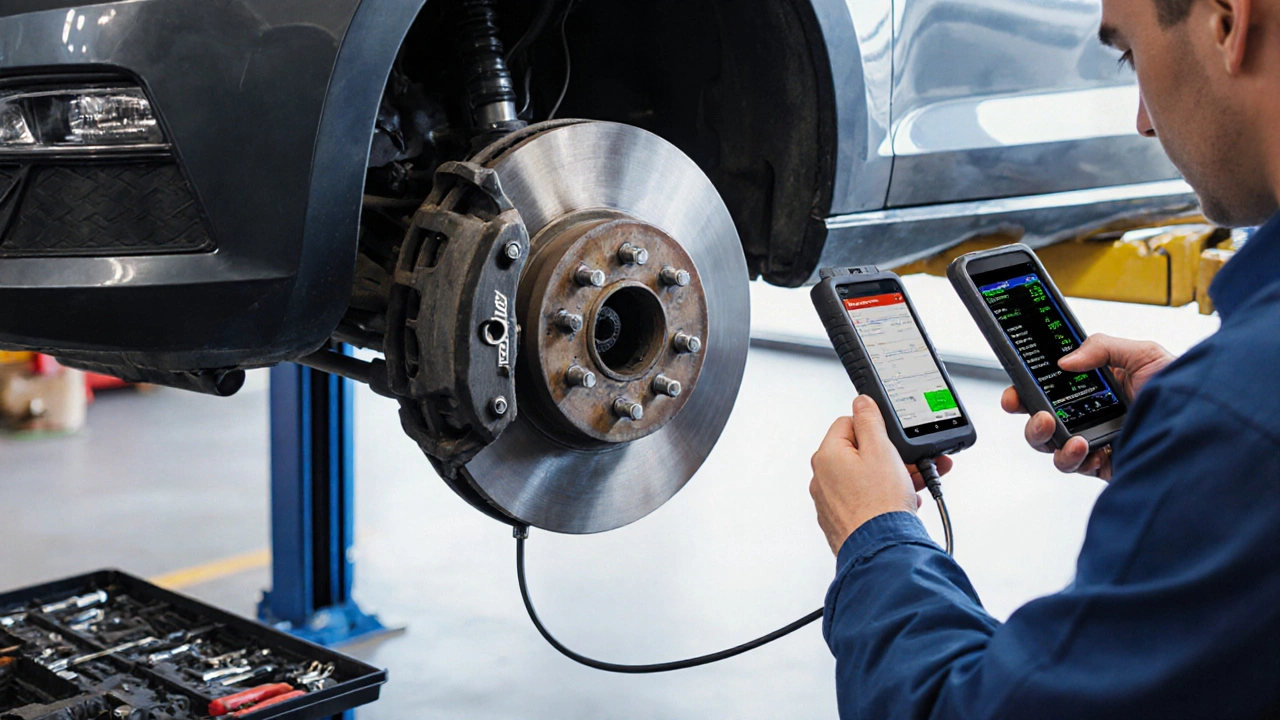 Technik kontroluje brzdy a čte chybové kódy OBD u Škody.