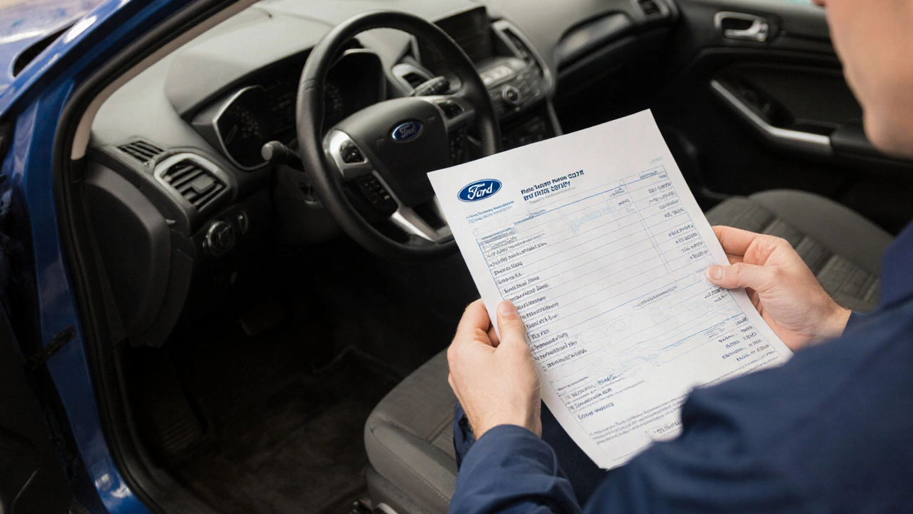 Technik prohlíží detailní výpis oprav s kódy dílů ve servisu Fordu.