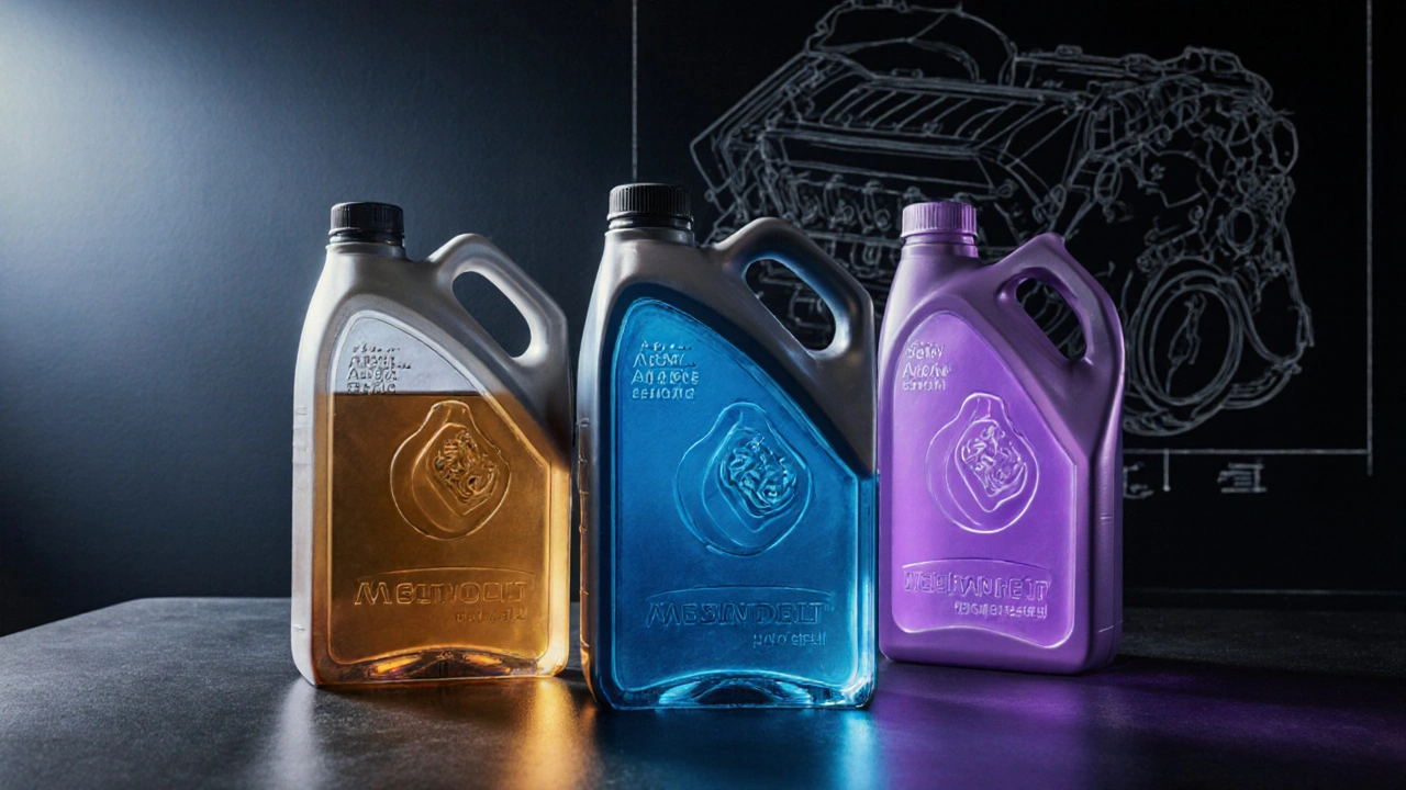 Tři lahve s rozdílnými typy motorových olejů (minerální, polosyntetický, syntetický) na černém stole.