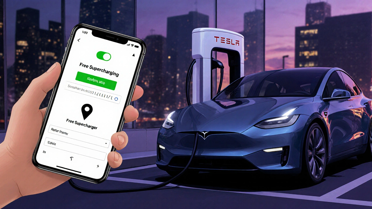 Uživatel aktivuje free Supercharging v aplikaci Tesla na telefonu.