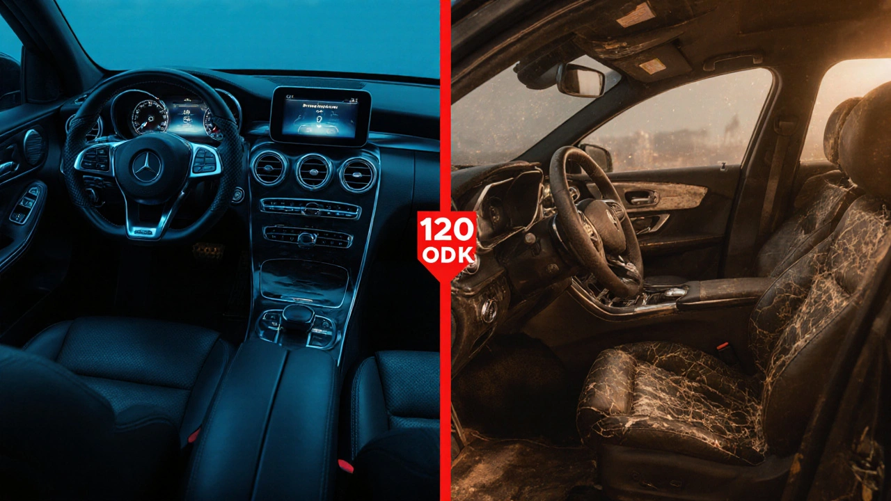 Dvojitý pohled: nový GLC vlevo a poškozený W211 vpravo, spojené varovnou červenou čárou.