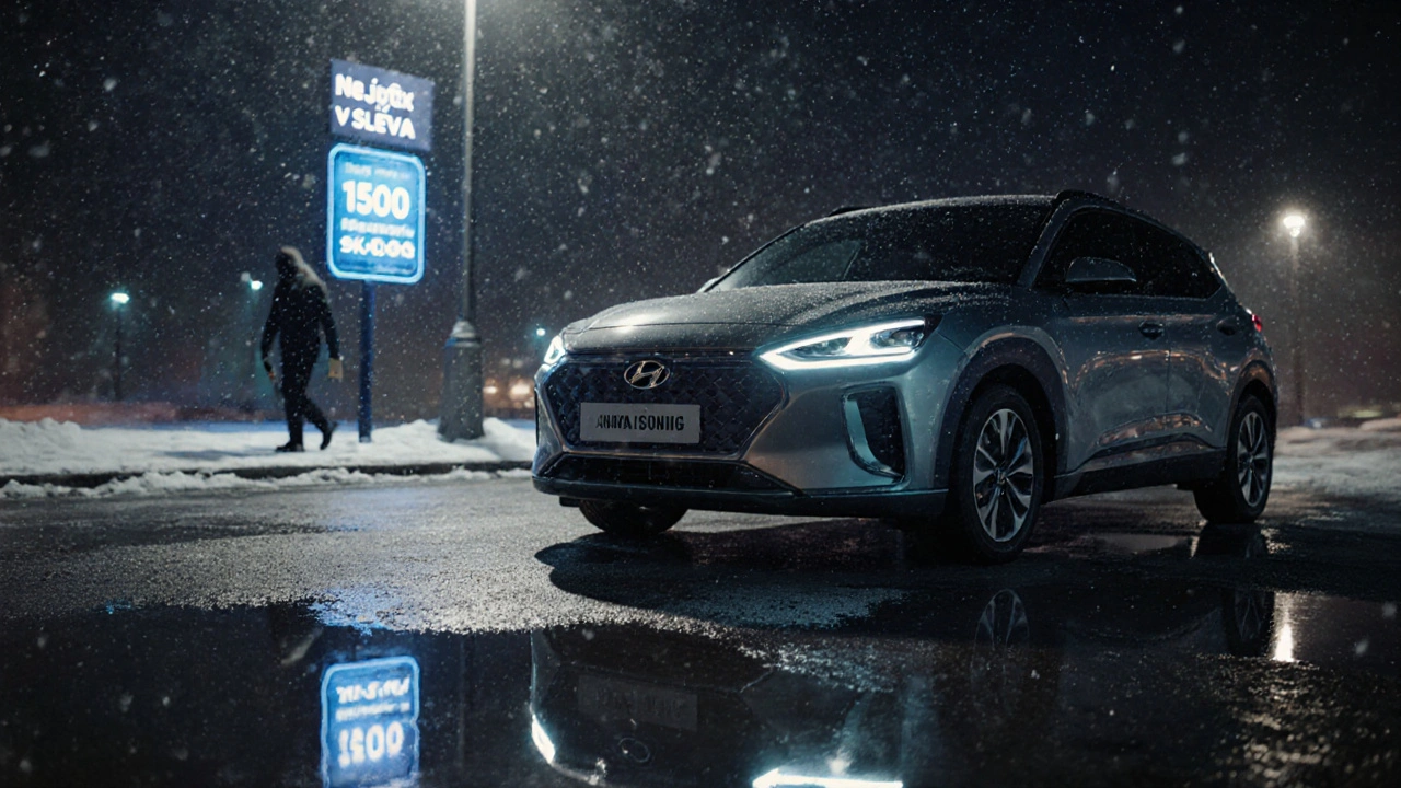 Elektromobil Hyundai Ioniq 5 v zimním prostředí s odrazem slevy ve vodě.