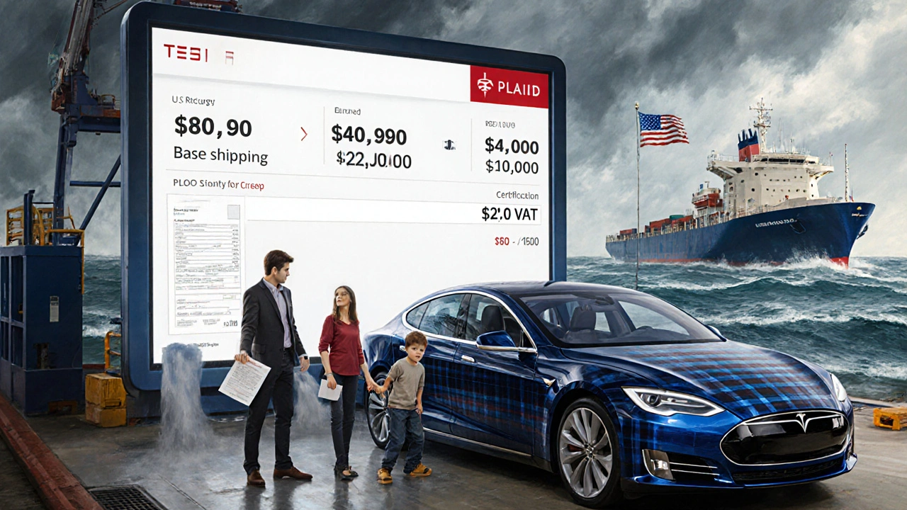 Family loading Tesla onto ship bound for Europe with cost breakdowns visible.