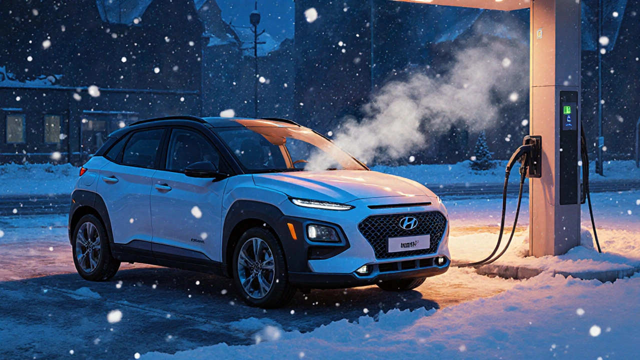 Hyundai Kona Electric nabíjený ve sněhu, kouřící nabíječka a sněžné vločky.