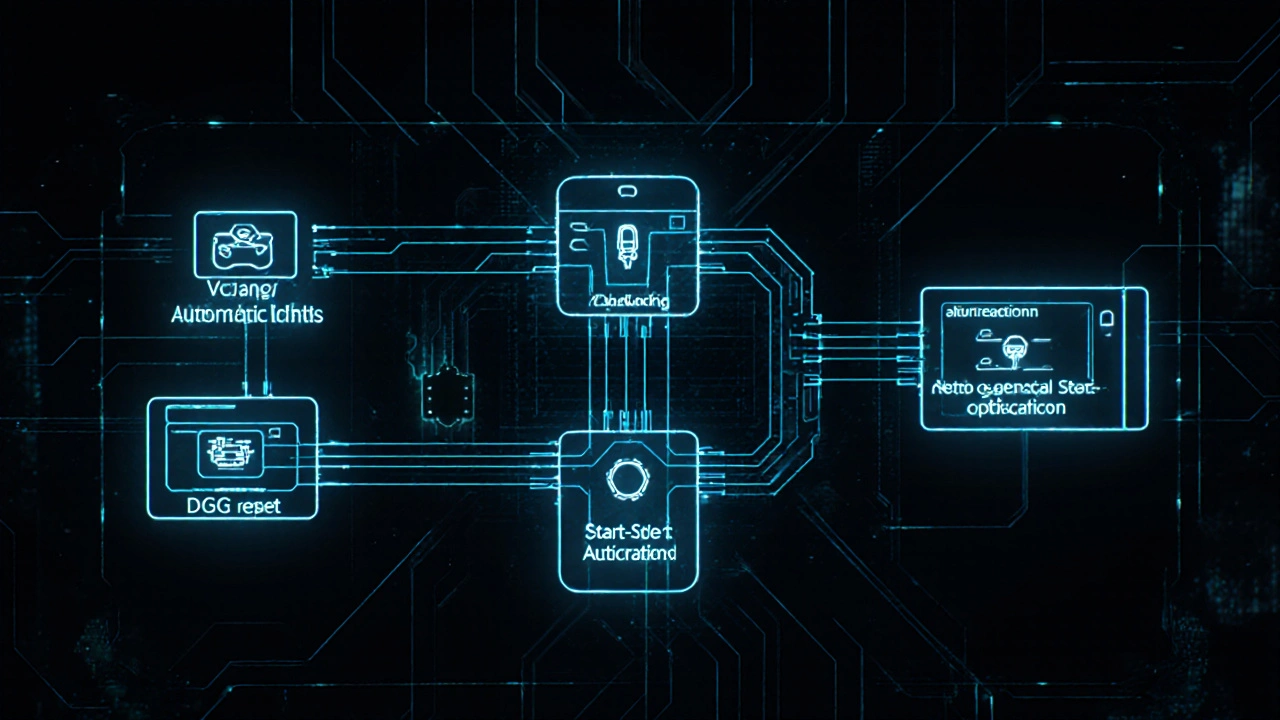 Koncepční znázornění elektronických modulů auta Škoda s přenosem dat VCDS a aktivovanými funkcemi.
