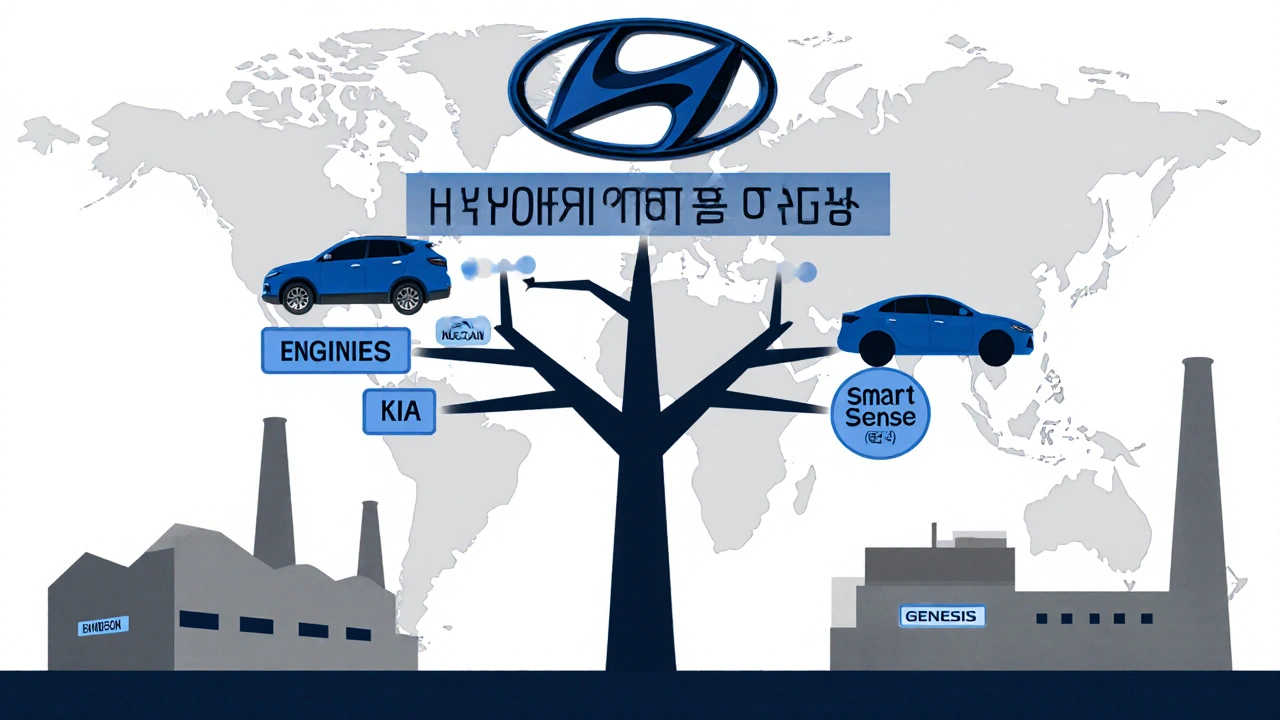 Korporátní rodokmen ukazuje Hyundai Motor Group jako kořen s větvemi Kia a Hyundai sdílejícími technologie.