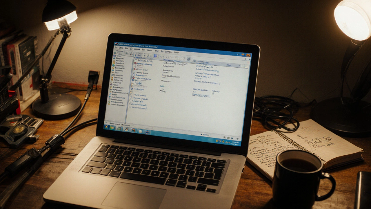Laptop s programem VCDS na stole vedle kabelu a poznámek, teplé osvětlení, realistický styl.
