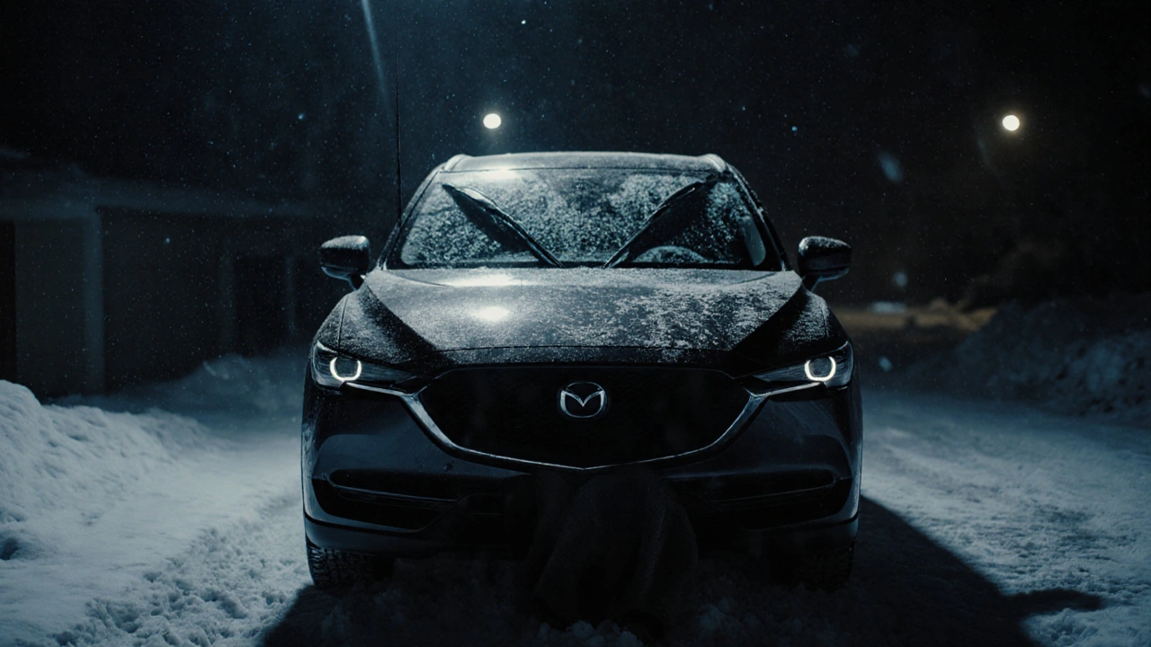 Mazda CX-5 s vysunutými štětci v zimním sněhu, pokryté hadrem.