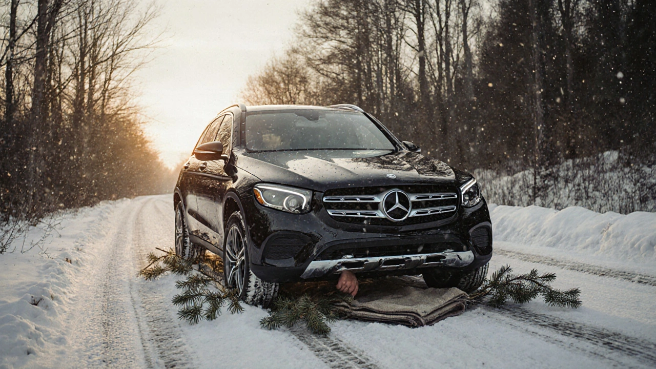 Mercedes-Benz GLC na sněhu s podložkami pod koly, jemně přidává plyn, sníh prudce padá.