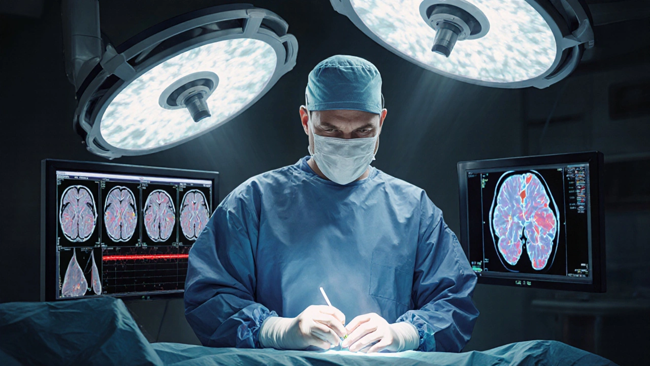 Neurochirurg provádí operaci pod světly operační místnosti s monitorováním mozku.