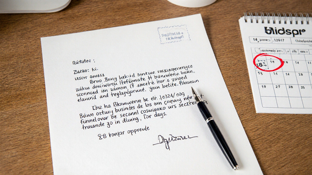 Písemná žádost o náhradní vozidlo na stole s uvedením zákona a 18 dní opravy v češtině.