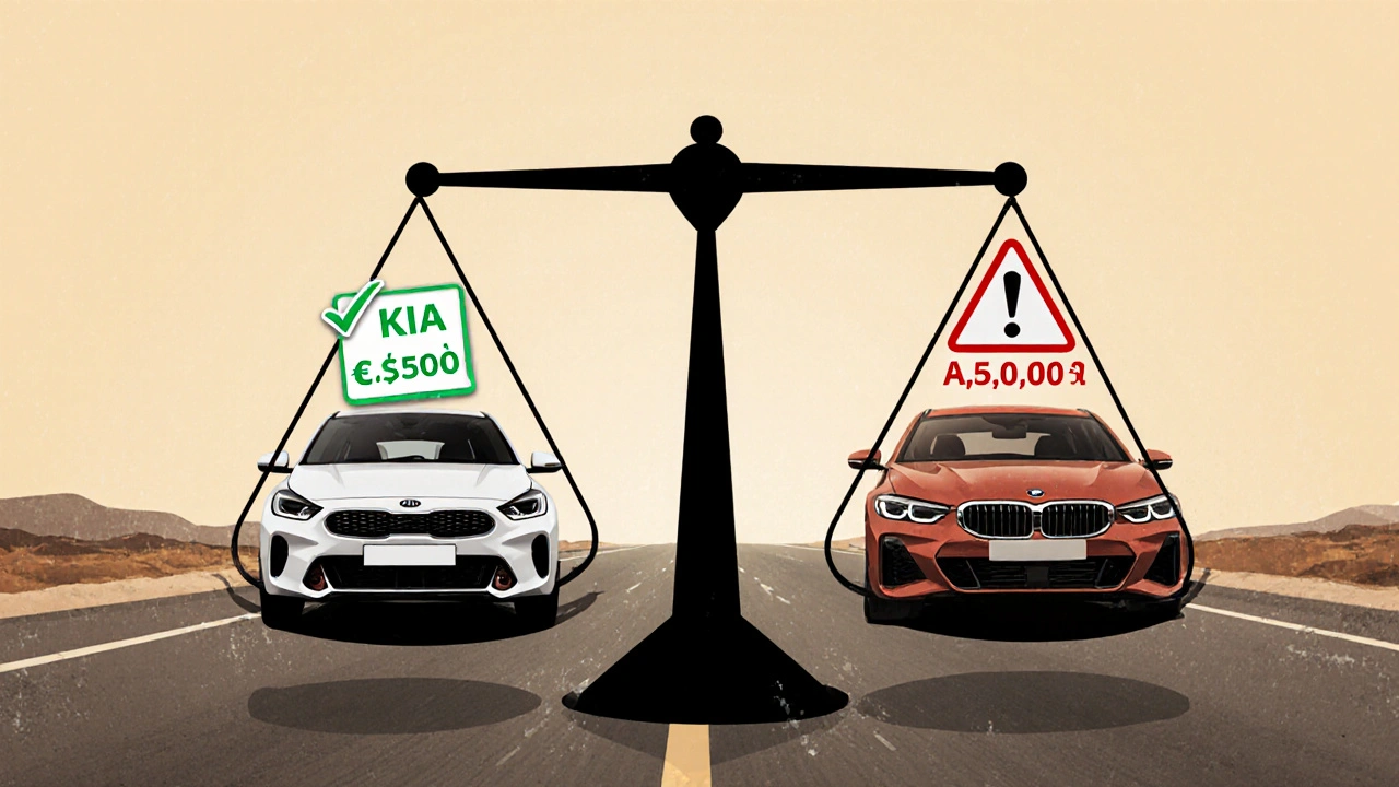 Porovnání nákladů na servis: levné Kia na jedné straně, drahý BMW na druhé.