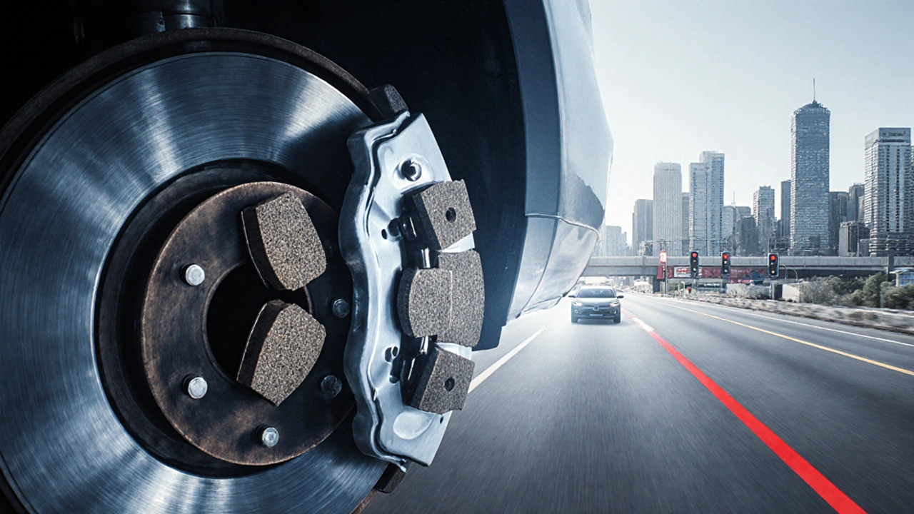 Porovnání opotřebovaných a nových brzdových destiček s městským a dálničním pozadím.