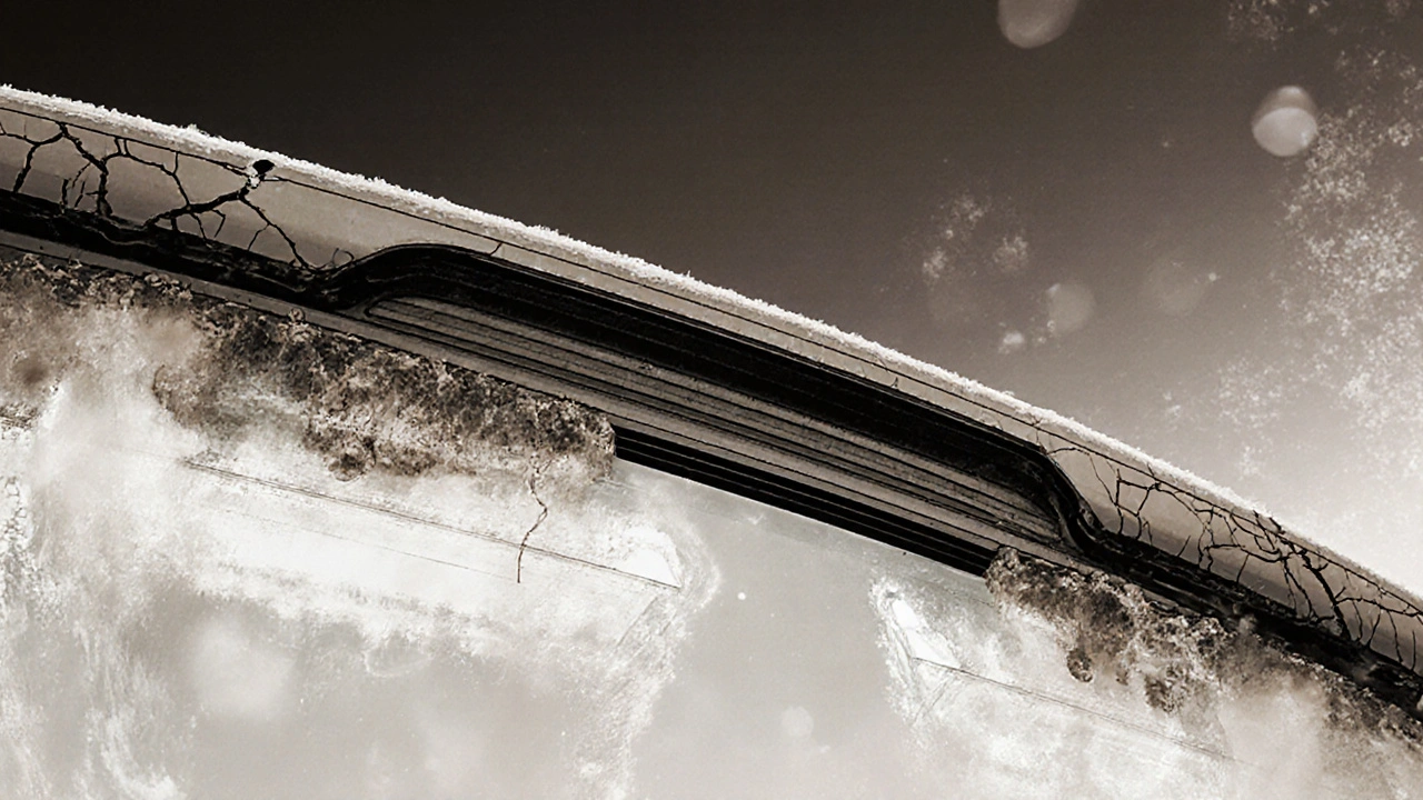 Porovnání poškozené a nové gumy na štětci větracího skla s detaily opotřebení.