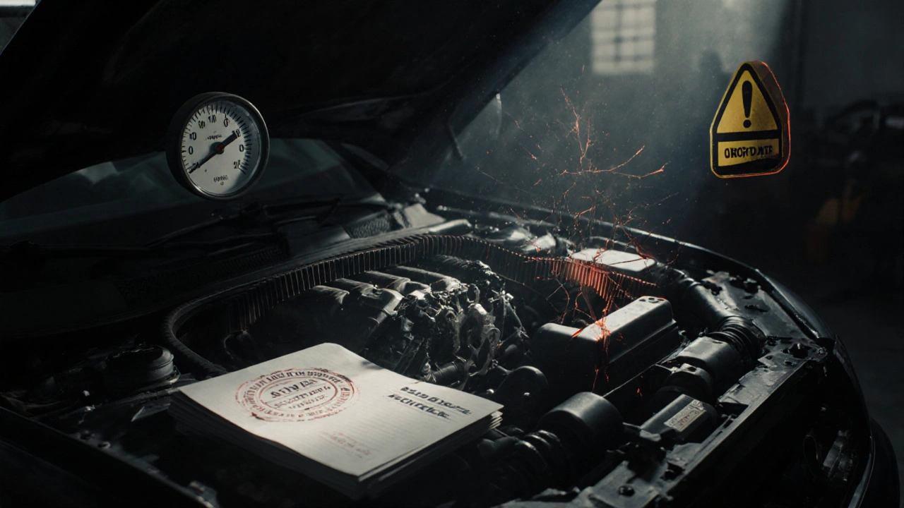 Poškozený motor kvůli nevyměněnému řemenu, symboly varování a ztracená záruka.