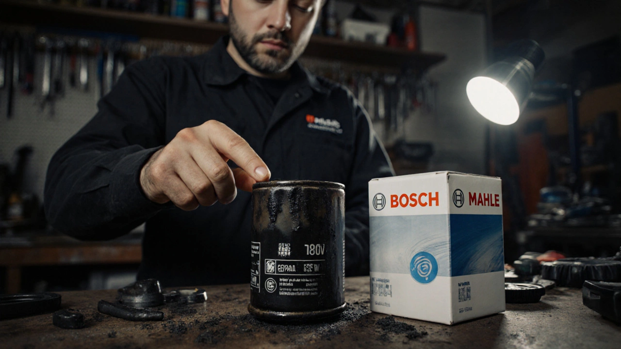 Použitý olejový filtr plný černé špíny vedle nového čistého filtru.