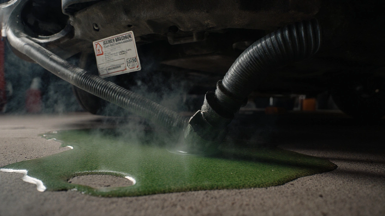 Prasklá hadice chladicího systému Mercedesu E-Class s únikem chladicí kapaliny.