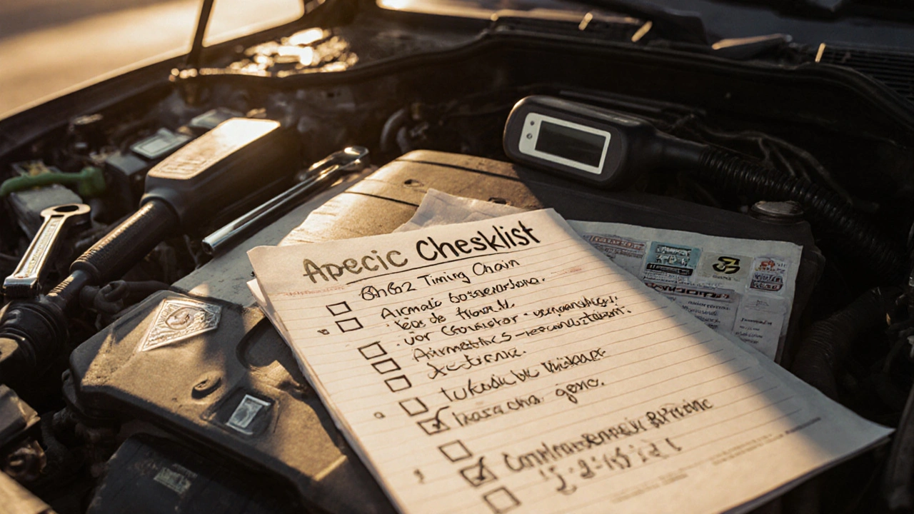 Přehledový seznam pro kontrolu ojetého Mercedesu s nástroji a poznámkami v češtině na krytu motoru.