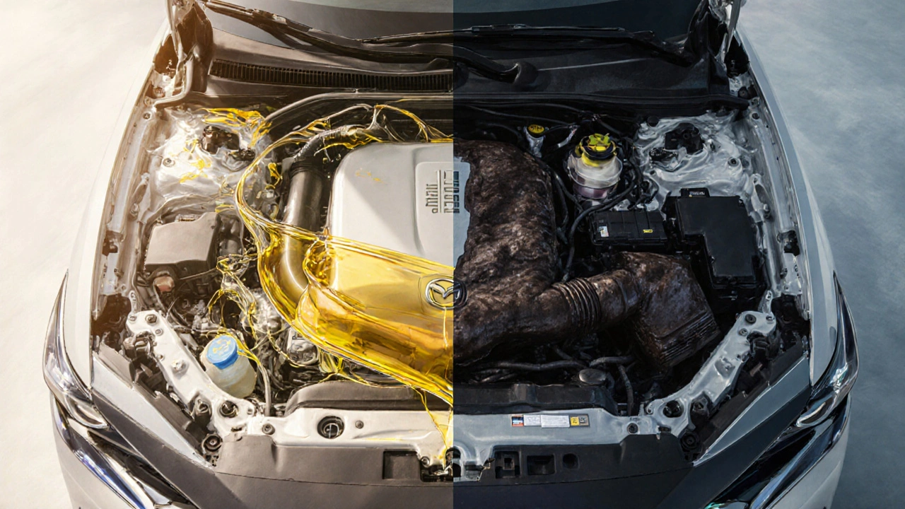 Průhledný motor Mazda s porovnáním čistého a znečištěného oleje uvnitř.