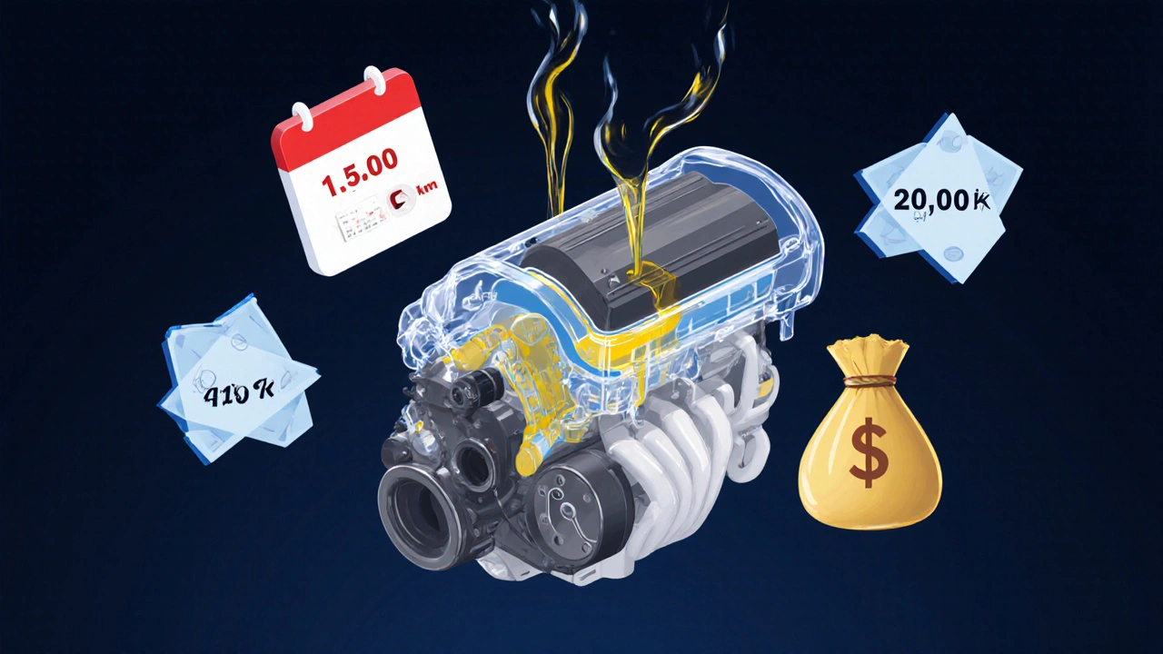 Průhledný motor s tokem oleje a symboly nákladů na údržbu.