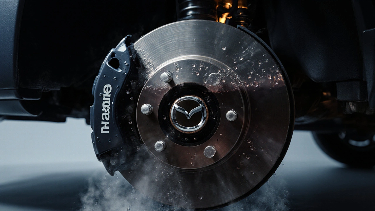 Průřez brzdovým systémem Mazda s čistou a znečištěnou kapalinou a vznikajícími bublinami.